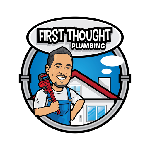 First Thought Plumbing logo: Kenny with a pipe wrench in front of a house